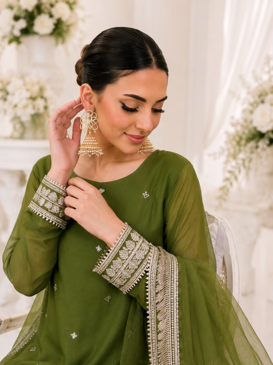 Elegant Olive Green Embroidered Sharara Suit with Dupatta - Image 4