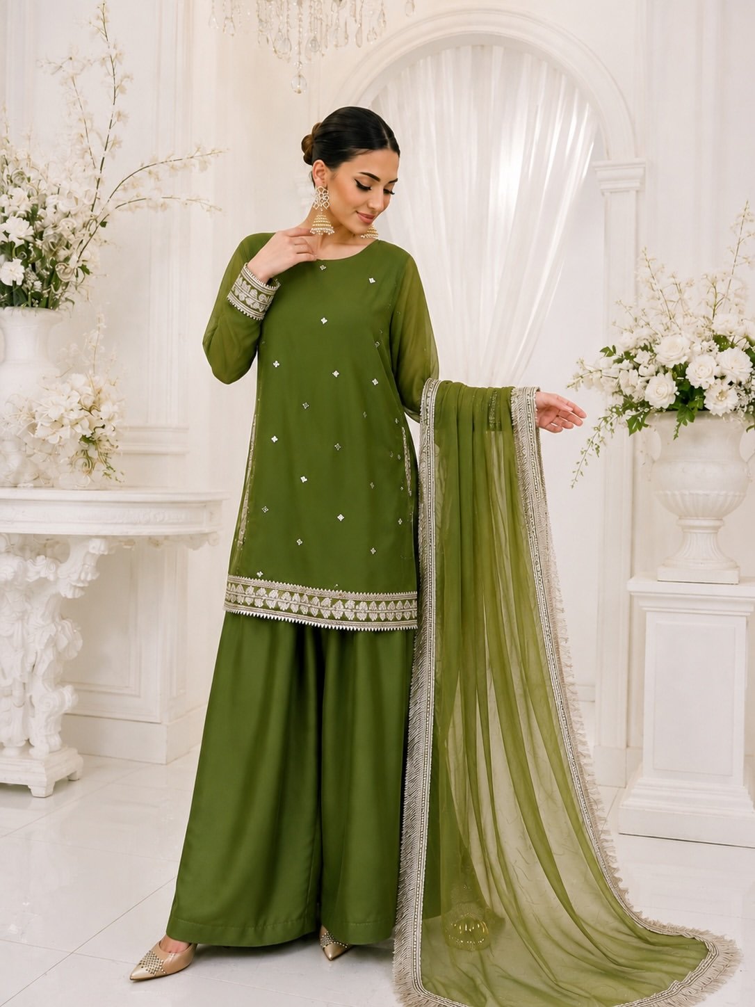 Elegant Olive Green Embroidered Sharara Suit with Dupatta - Image 2