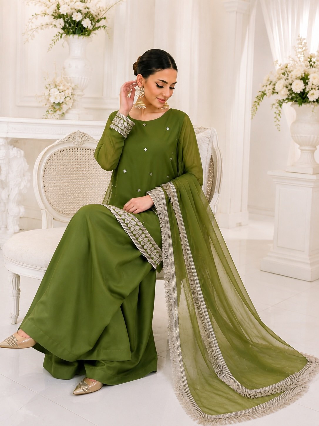 Elegant Olive Green Embroidered Sharara Suit with Dupatta - Image 3
