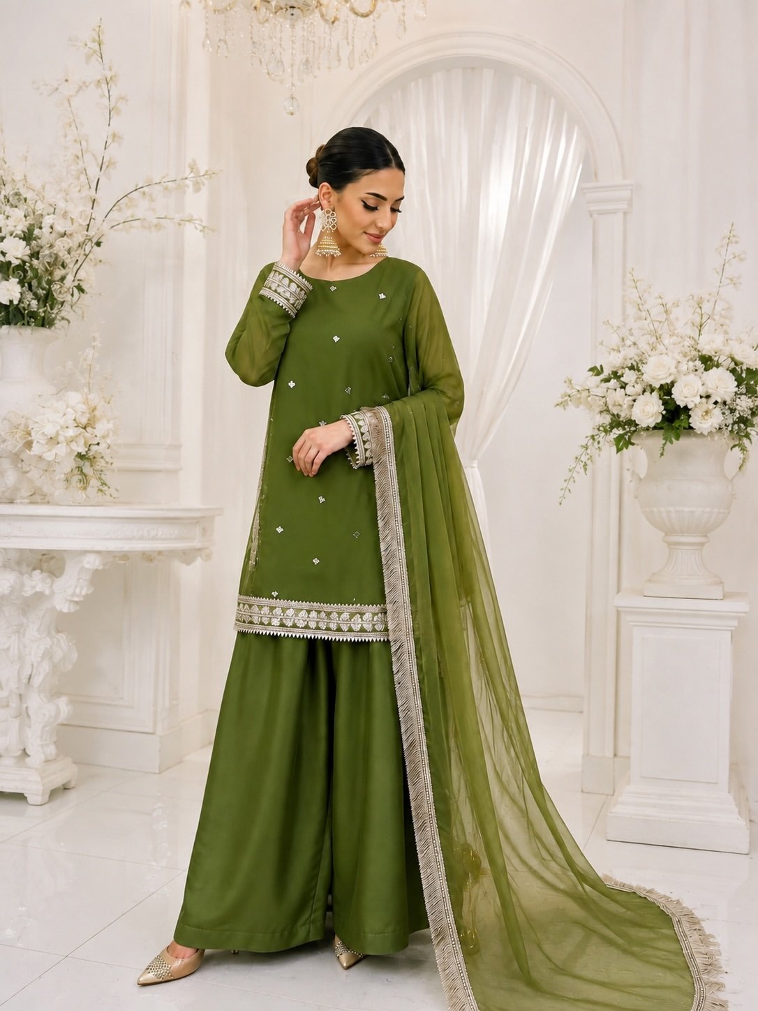 Elegant Olive Green Embroidered Sharara Suit with Dupatta