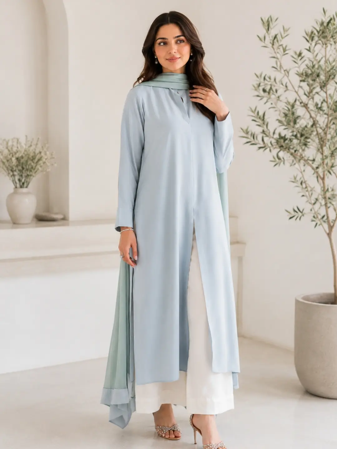 Elegant Light Blue Three-Piece Suit with Dupatta