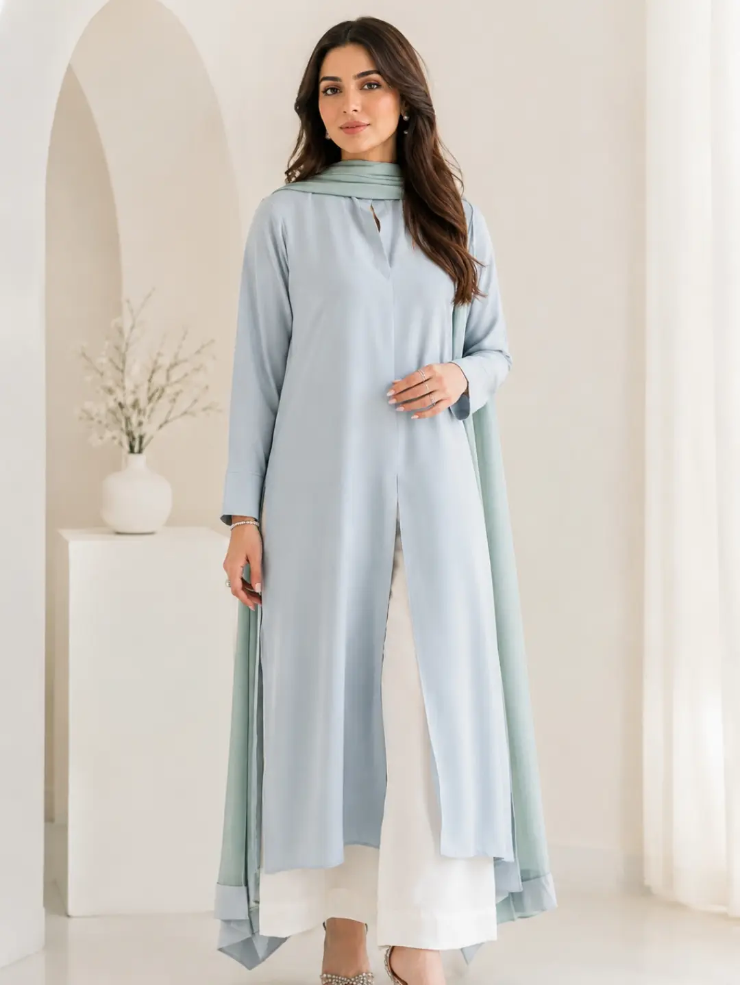 Elegant Light Blue Three-Piece Suit with Dupatta - Image 5