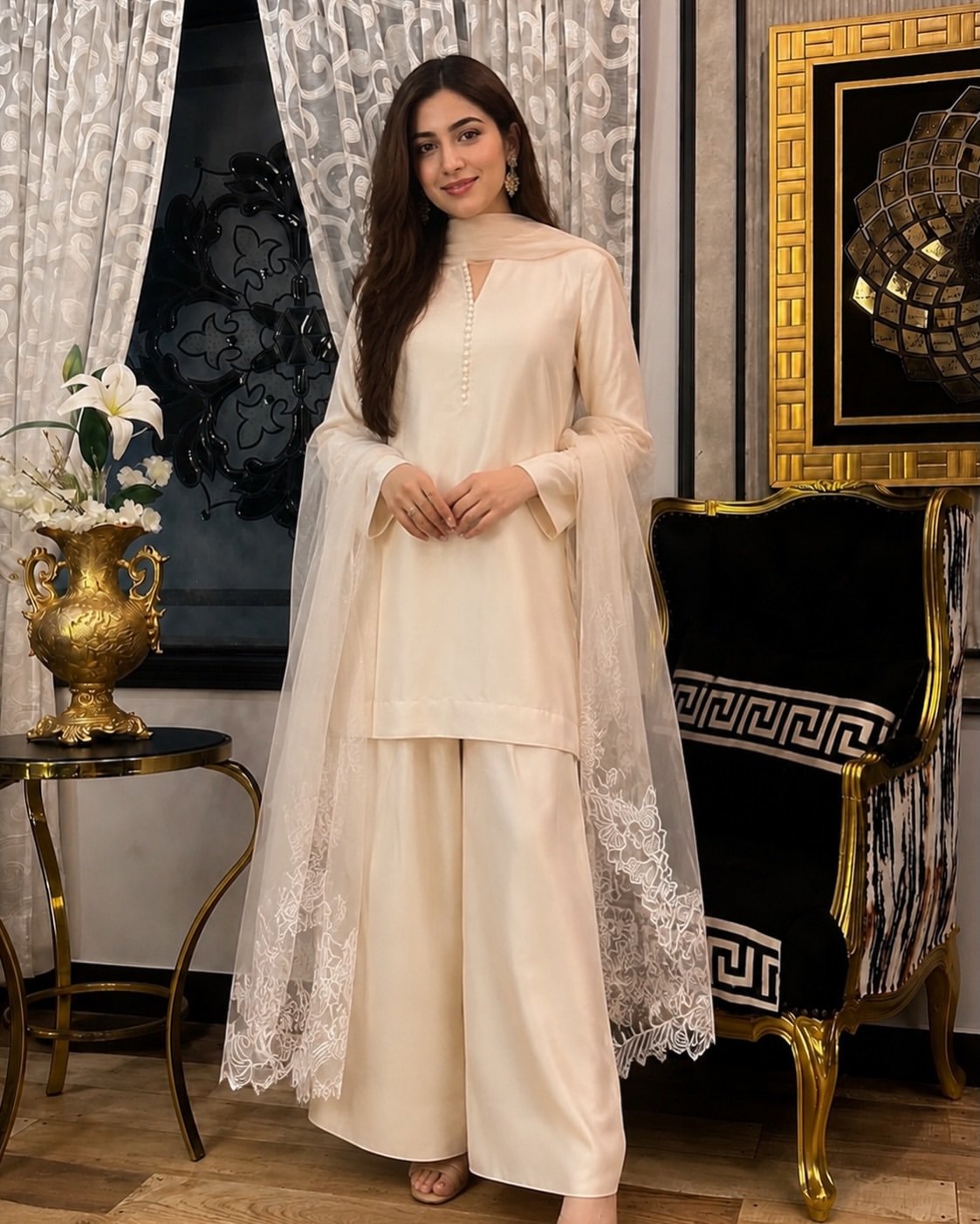 Elegant Ivory Embroidered Suit with Dupatta