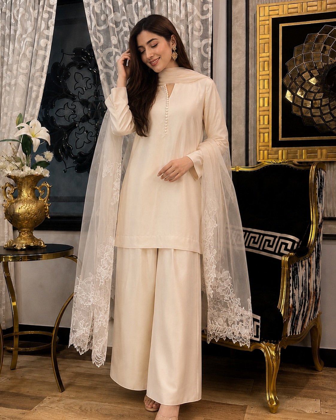 Elegant Ivory Embroidered Suit with Dupatta - Image 6