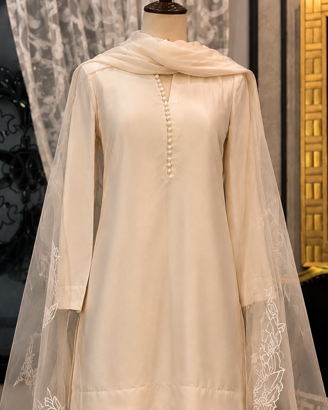 Elegant Ivory Embroidered Suit with Dupatta - Image 2