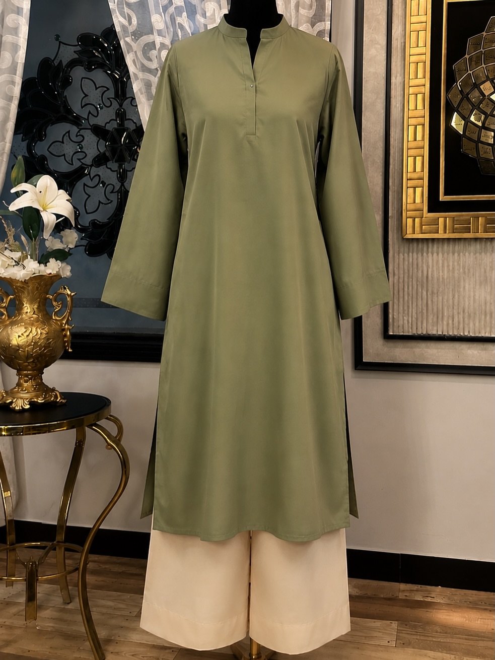 Olive Green Kurta with Cream Wide-Leg Trousers