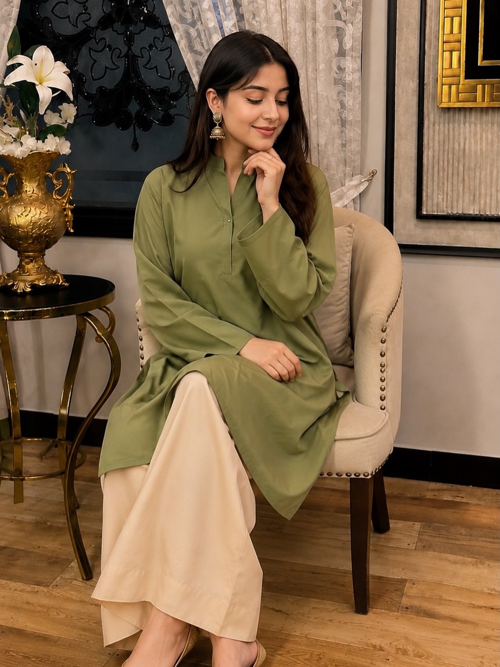 Olive Green Kurta with Cream Wide-Leg Trousers - Image 4