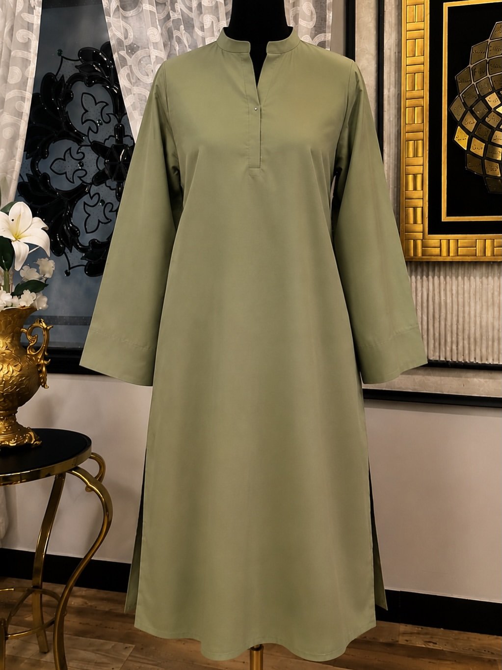 Olive Green Kurta with Cream Wide-Leg Trousers - Image 2