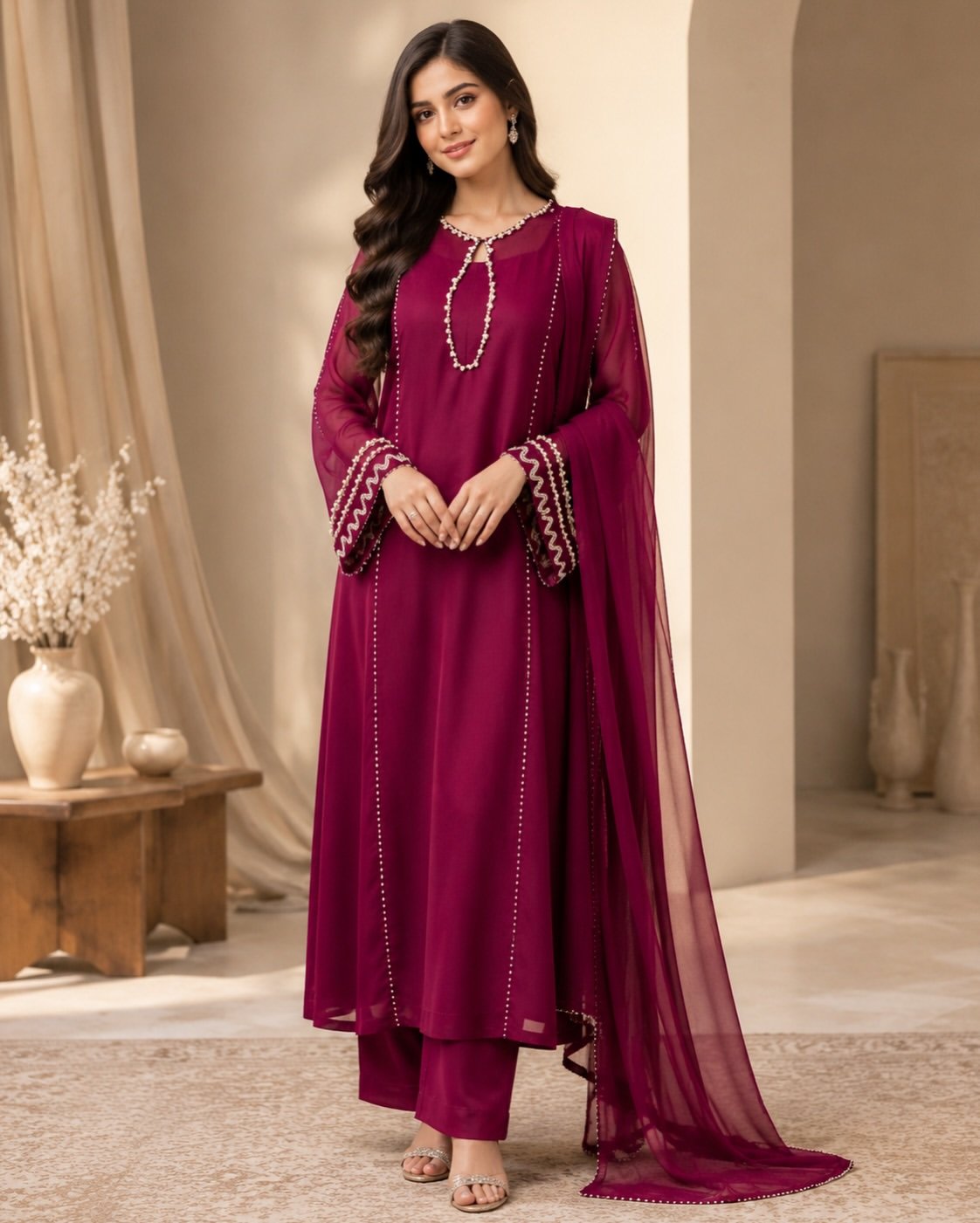 Deep Magenta Formal Suit with Matching Dupatta - Image 7