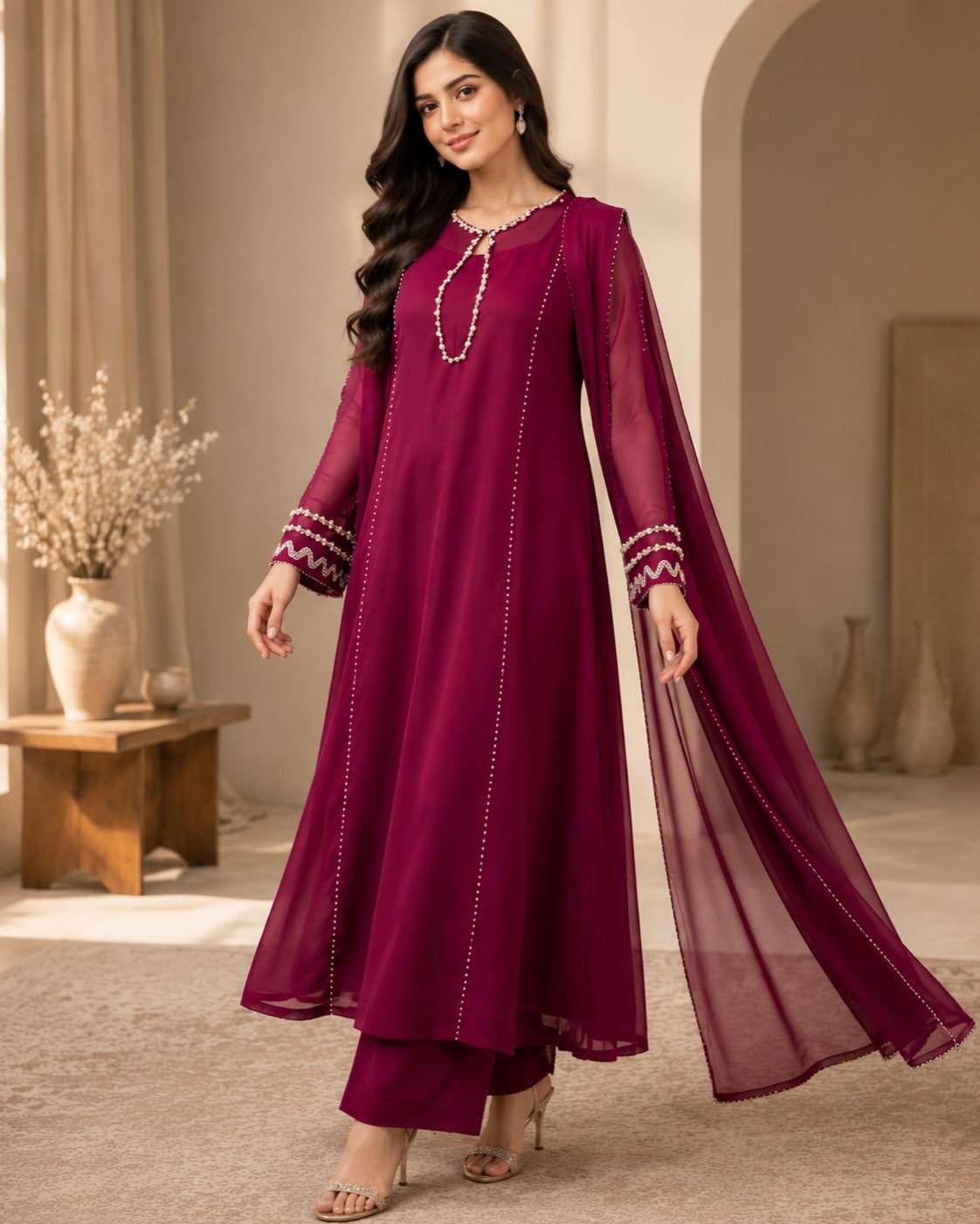 Deep Magenta Formal Suit with Matching Dupatta - Image 6