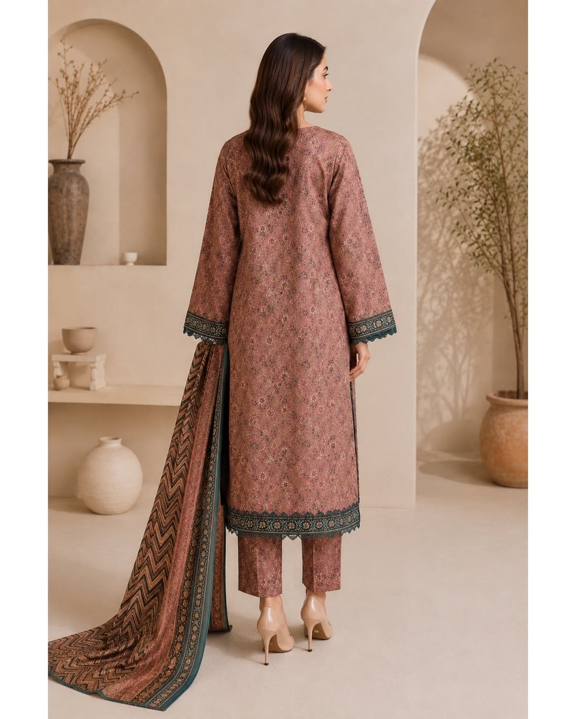 Dusty Rose Printed Suit with Matching Dupatta - Image 2