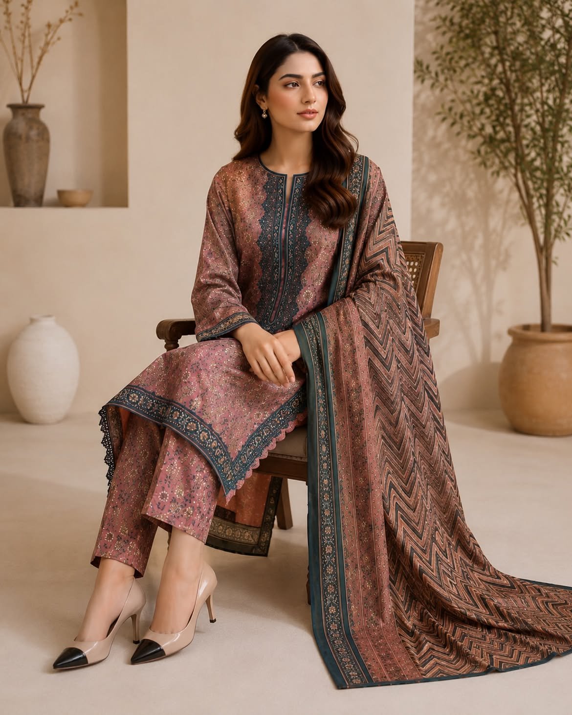 Dusty Rose Printed Suit with Matching Dupatta - Image 3