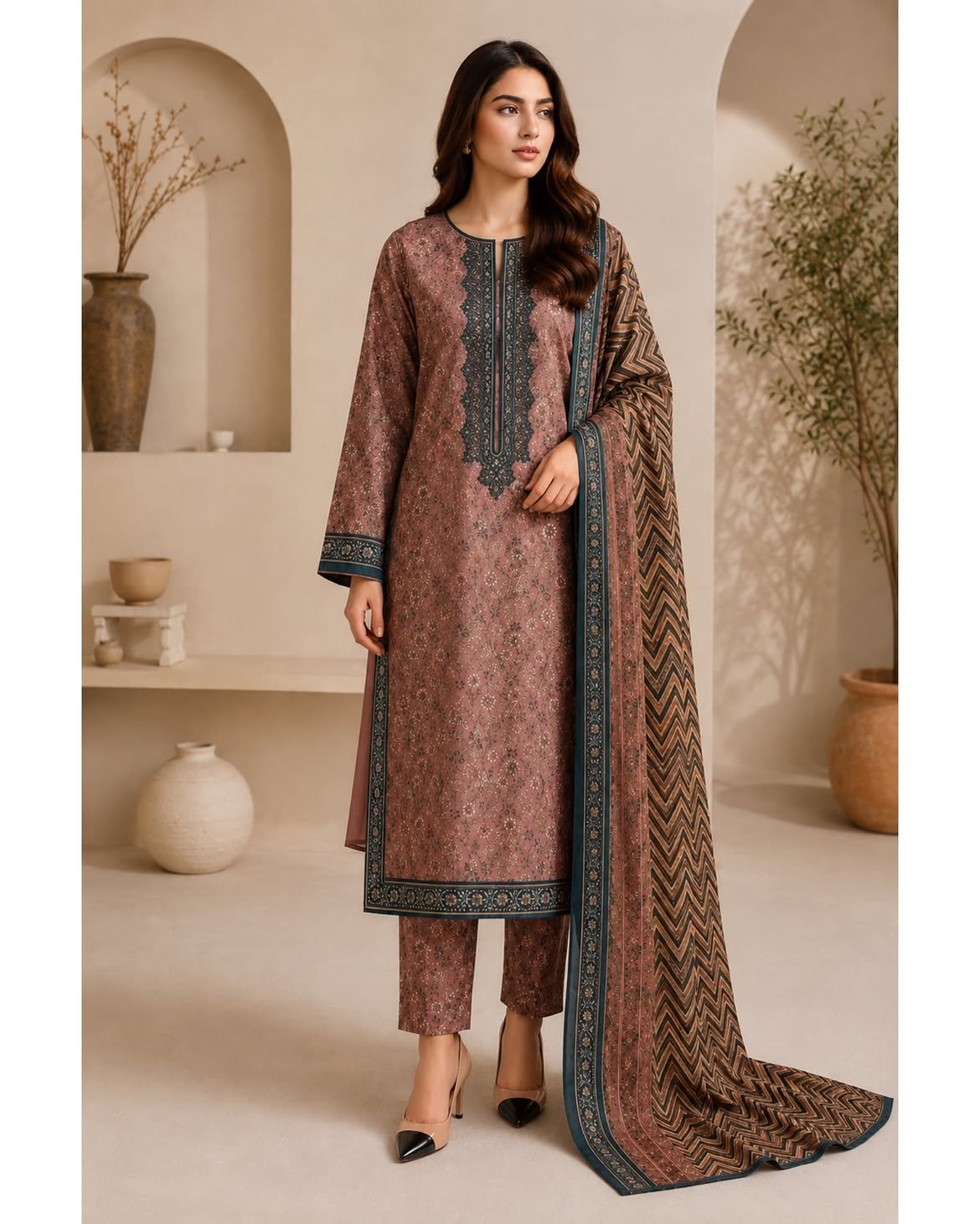 Dusty Rose Printed Suit with Matching Dupatta