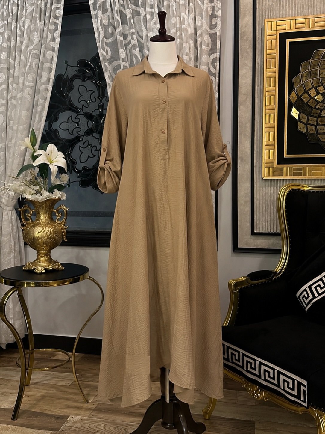 Elegant Taupe Long Dress with Relaxed Silhouette