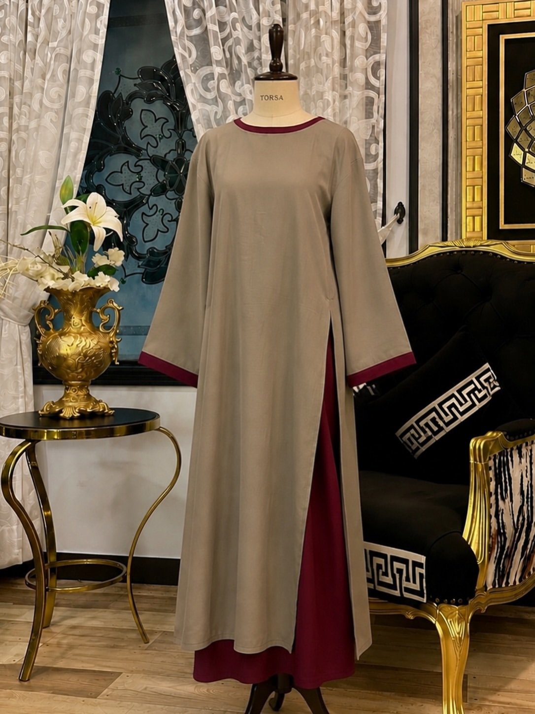 Elegant Taupe Long Dress with Relaxed Silhouette - Image 4