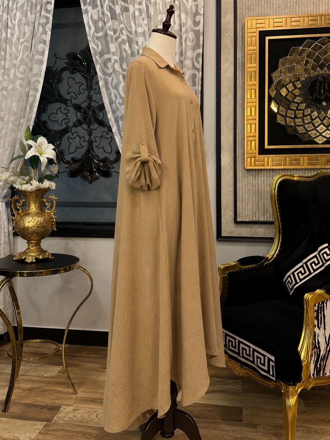 Elegant Taupe Long Dress with Relaxed Silhouette - Image 3