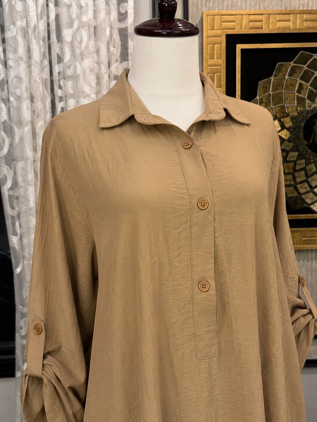 Elegant Taupe Long Dress with Relaxed Silhouette - Image 2
