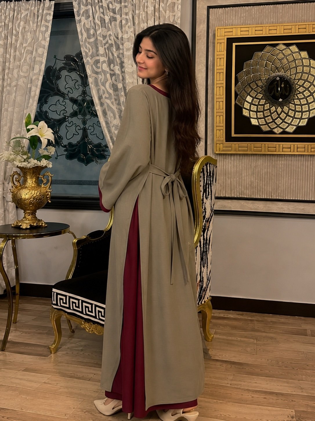Olive Green Kurta with Maroon Contrast Detailing - Image 3