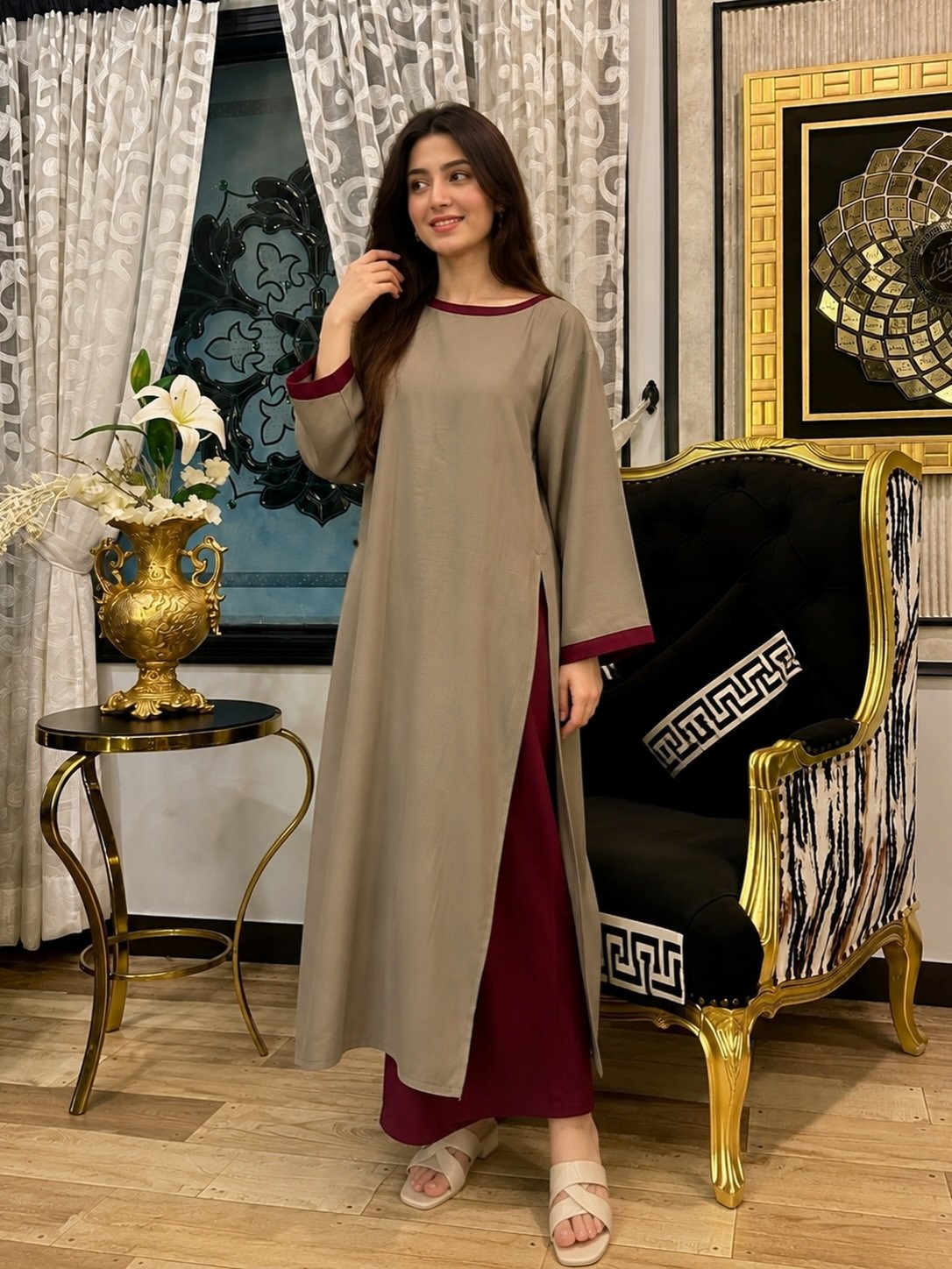 Olive Green Kurta with Maroon Contrast Detailing