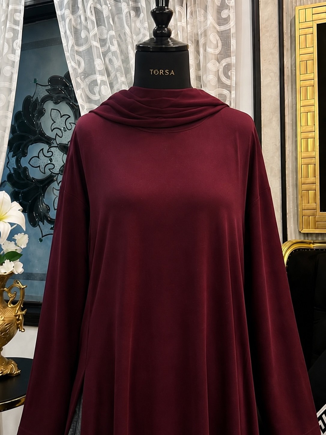 Elegant Burgundy Flared Maxi Gown - Image 2