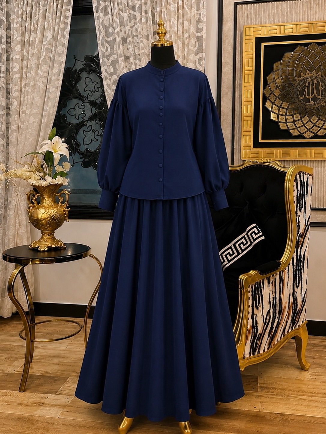 Elegant Navy Blue Embroidered Suit with Flared Trousers