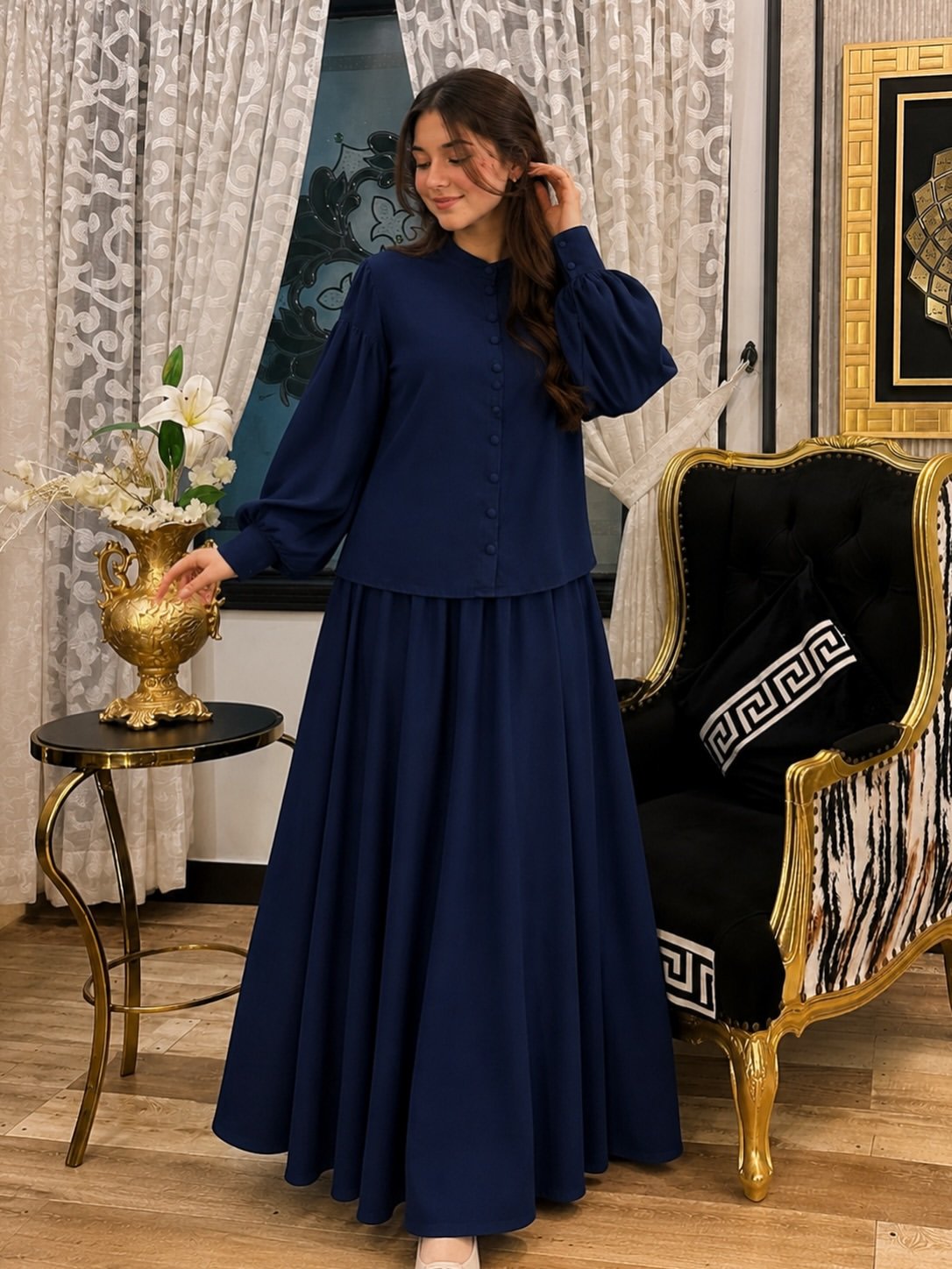 Elegant Navy Blue Embroidered Suit with Flared Trousers - Image 4