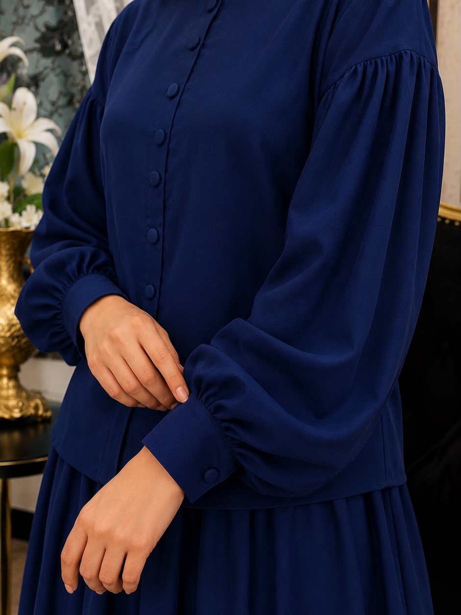 Elegant Navy Blue Embroidered Suit with Flared Trousers - Image 3