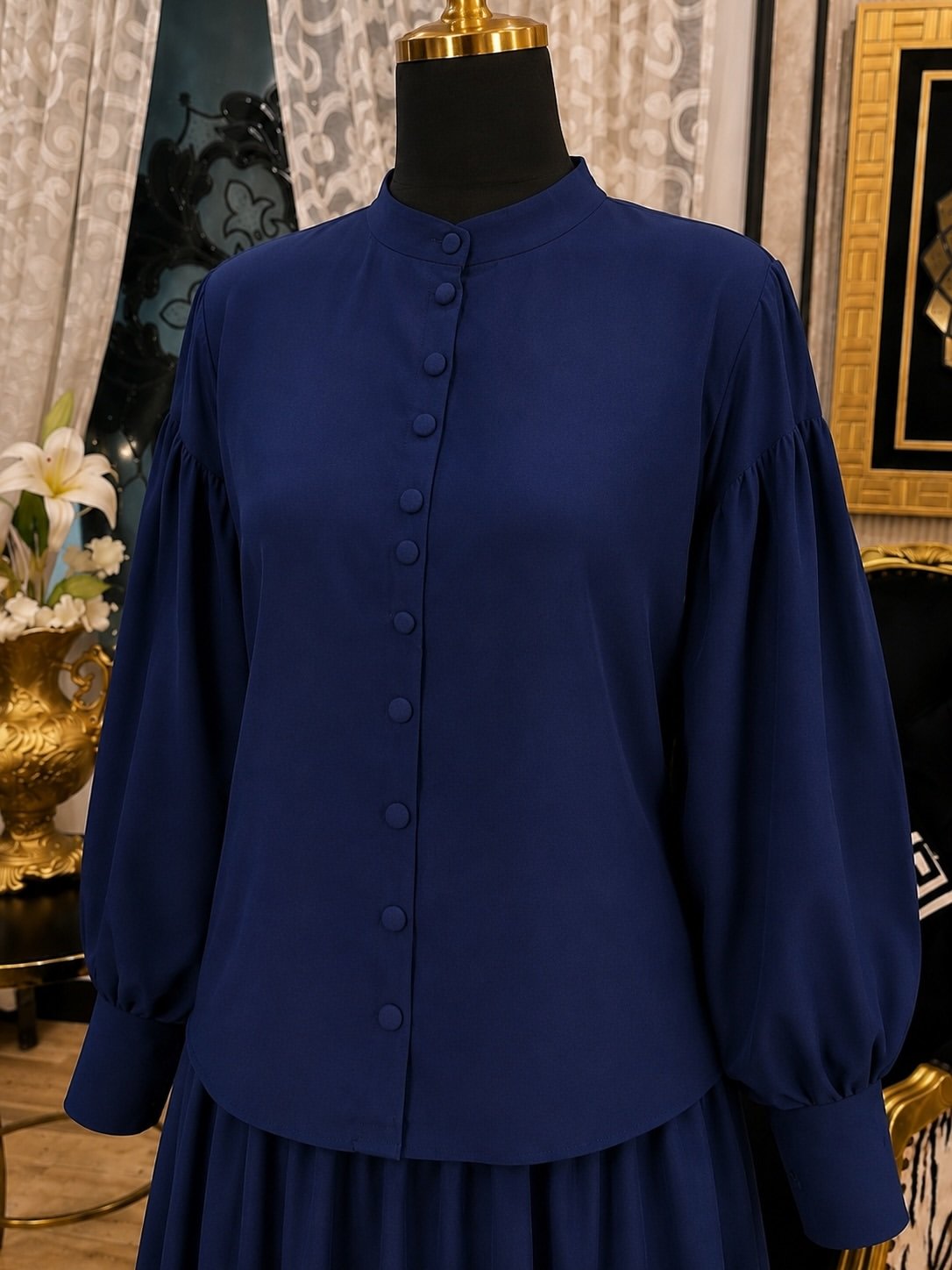 Elegant Navy Blue Embroidered Suit with Flared Trousers - Image 2