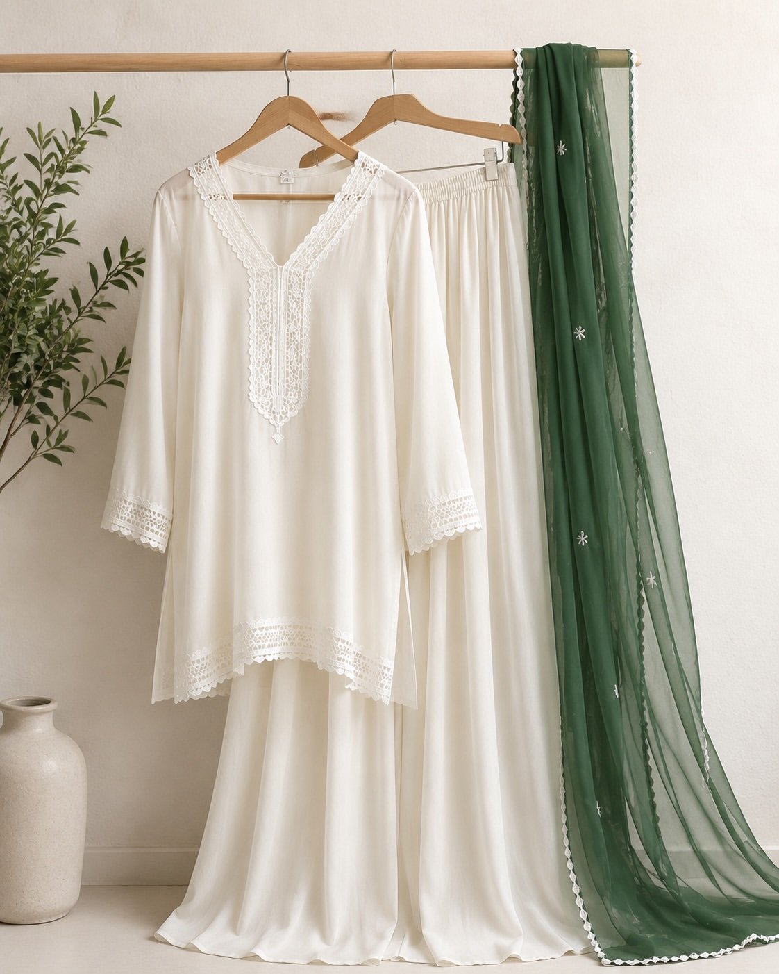 Elegant Ivory Embroidered Three-Piece Suit with Green Dupatta