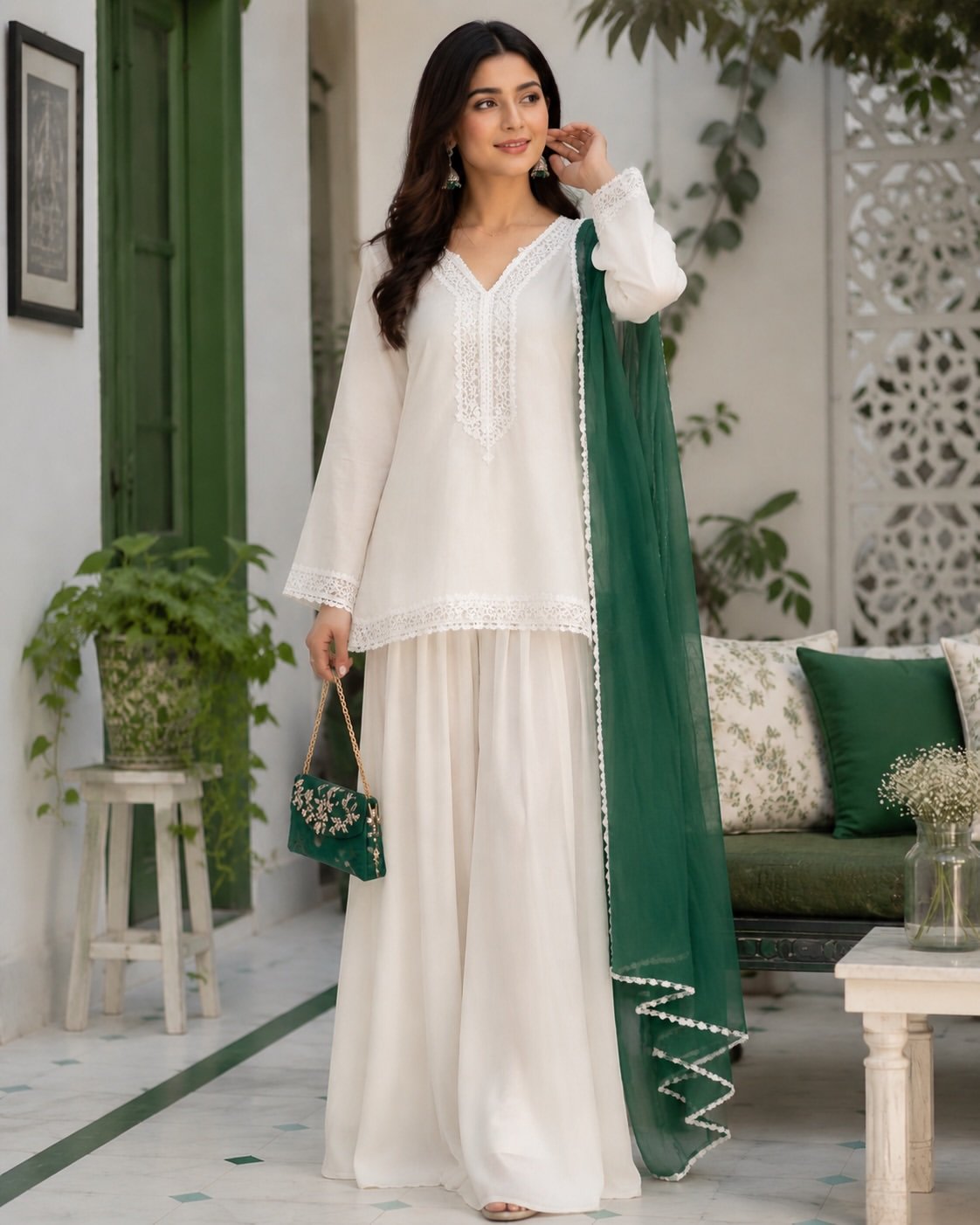 Elegant Ivory Embroidered Three-Piece Suit with Green Dupatta - Image 6