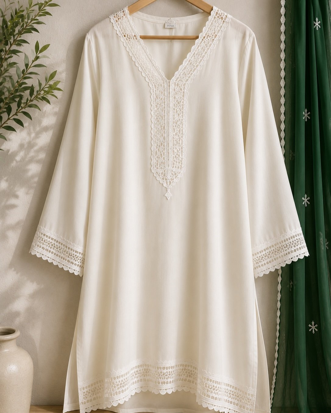 Elegant Ivory Embroidered Three-Piece Suit with Green Dupatta - Image 2