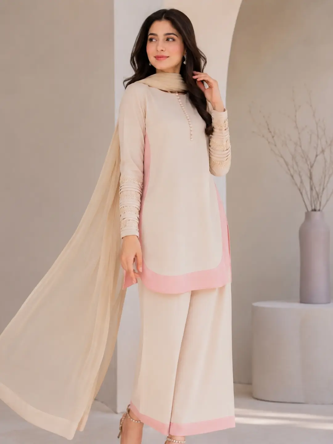 Elegant Peach Three-Piece Suit with Matching Dupatta - Image 4