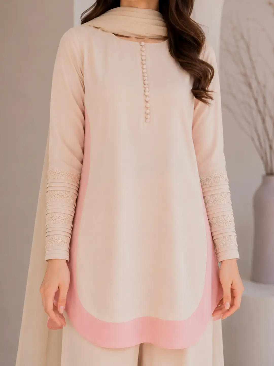 Elegant Peach Three-Piece Suit with Matching Dupatta