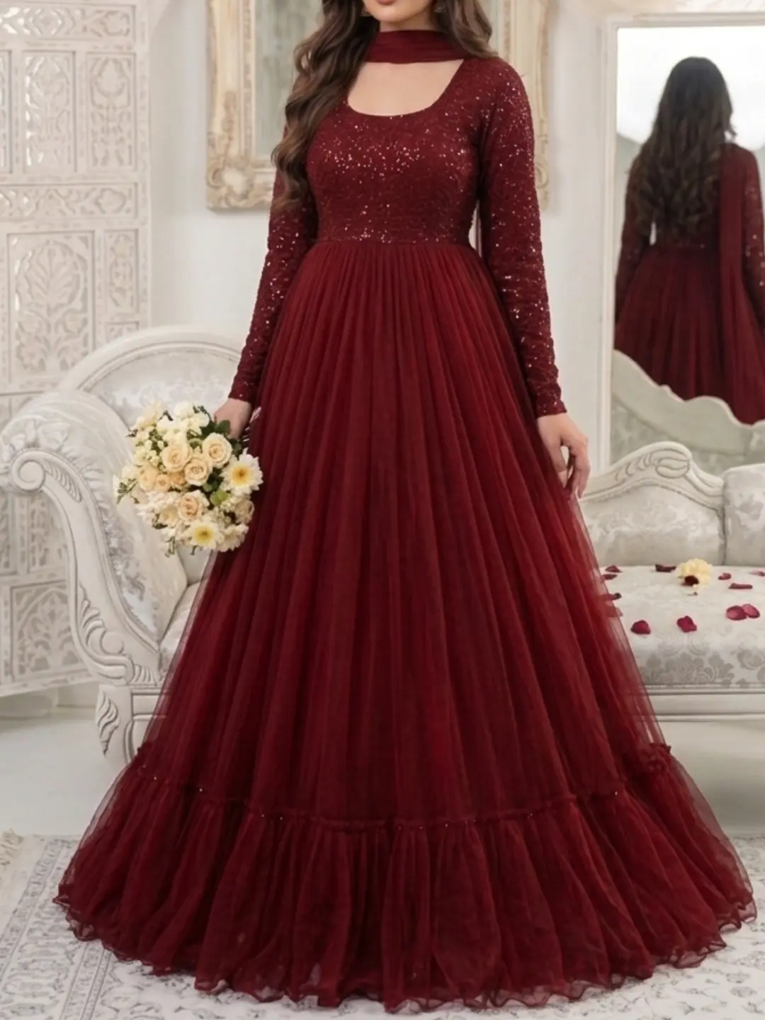 Elegant Maroon Embellished Maxi Gown