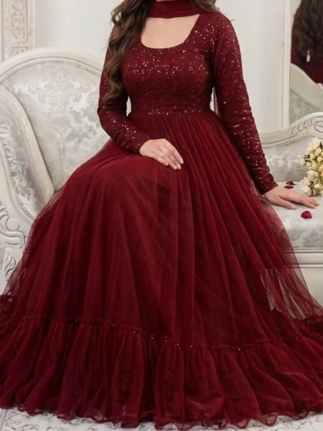 Elegant Maroon Embellished Maxi Gown - Image 5