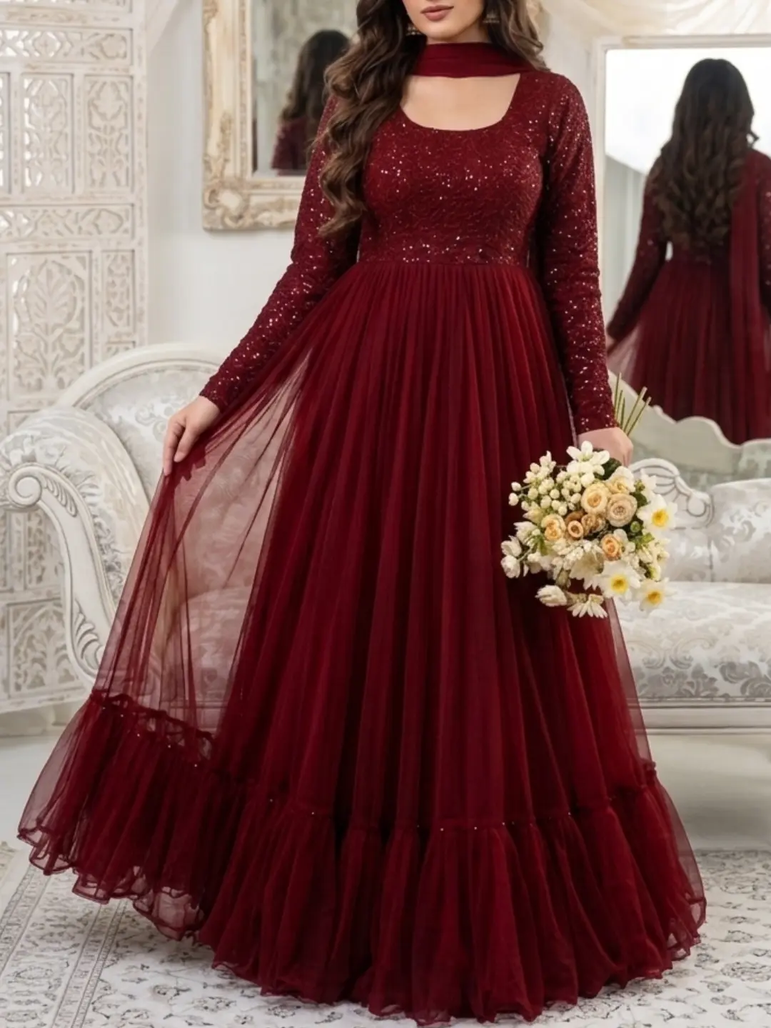 Elegant Maroon Embellished Maxi Gown - Image 6