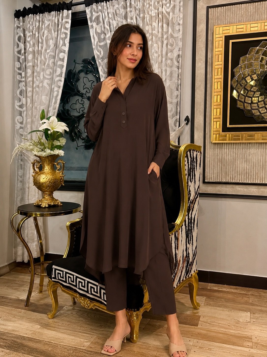 Minimalist Chocolate Brown Kurta Set - Image 3