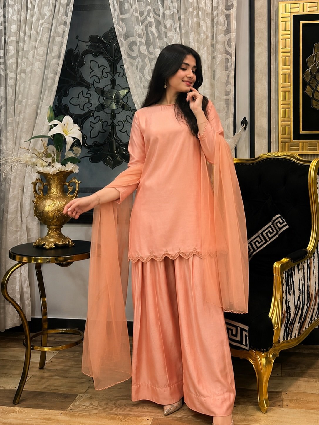 Elegant Peach Sharara Suit with Dupatta