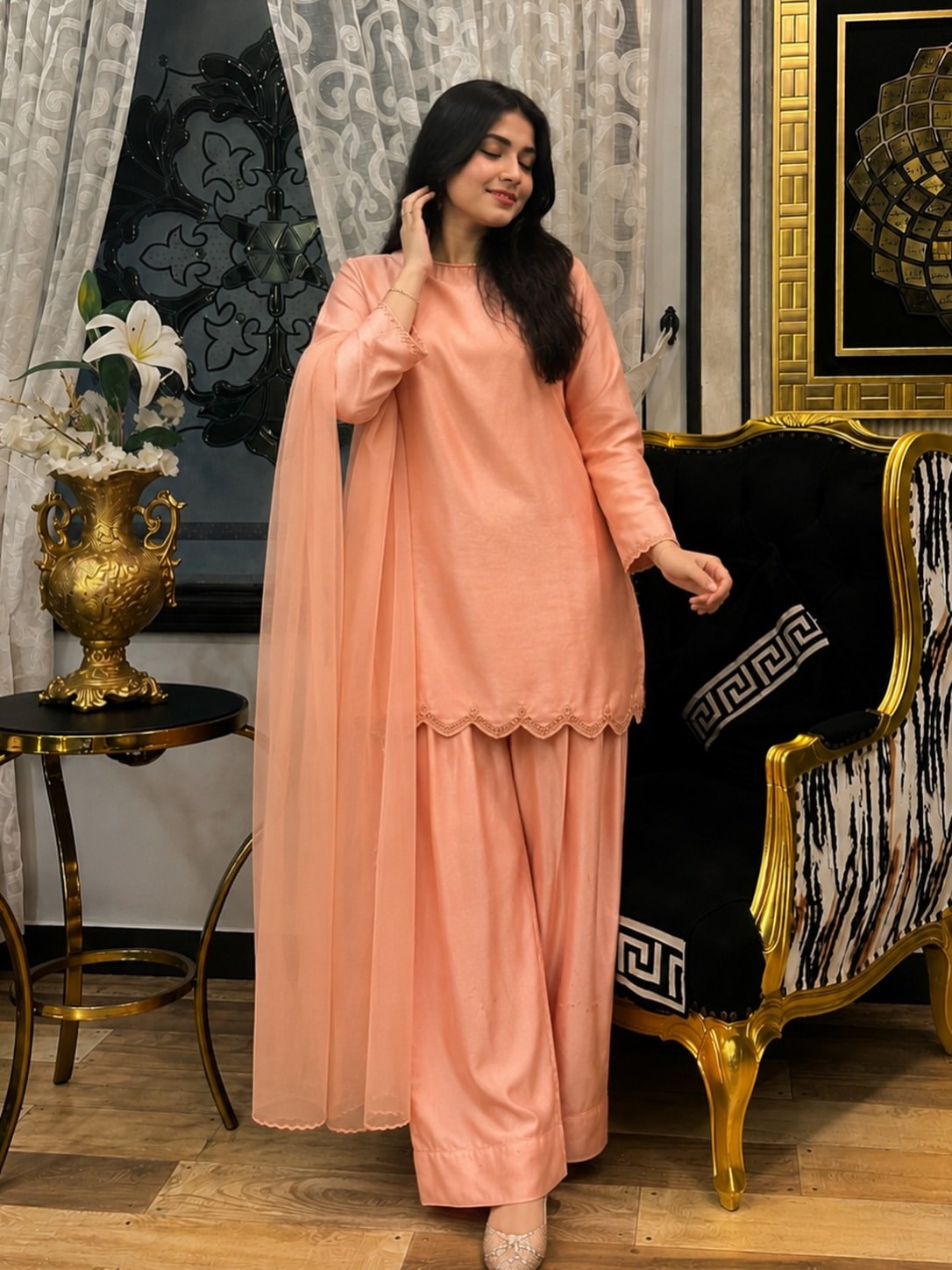 Elegant Peach Sharara Suit with Dupatta - Image 6