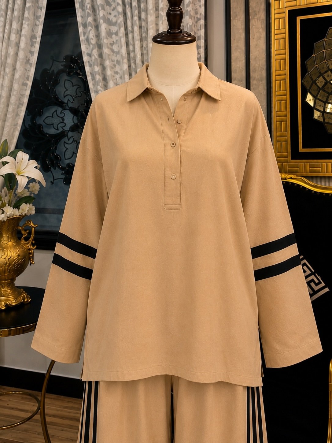 Elegant Beige Cape-Style Top with Wide-Leg Trousers - Image 2