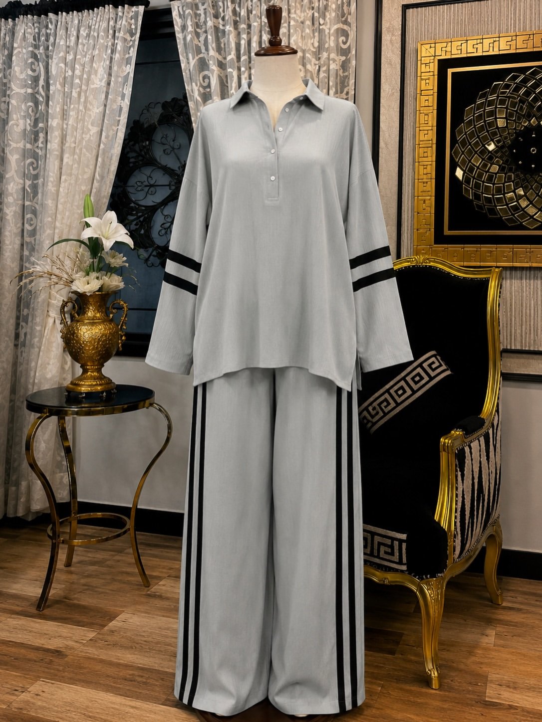 Elegant Beige Cape-Style Top with Wide-Leg Trousers - Image 3