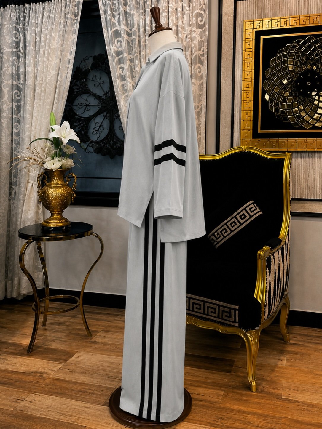 Elegant Beige Cape-Style Top with Wide-Leg Trousers - Image 6