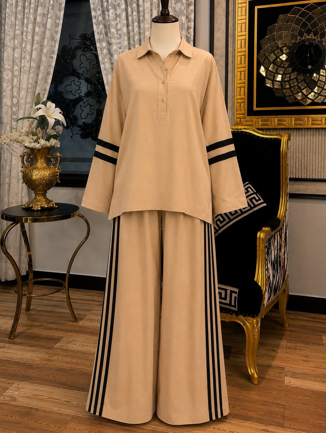 Elegant Beige Cape-Style Top with Wide-Leg Trousers - Image 4
