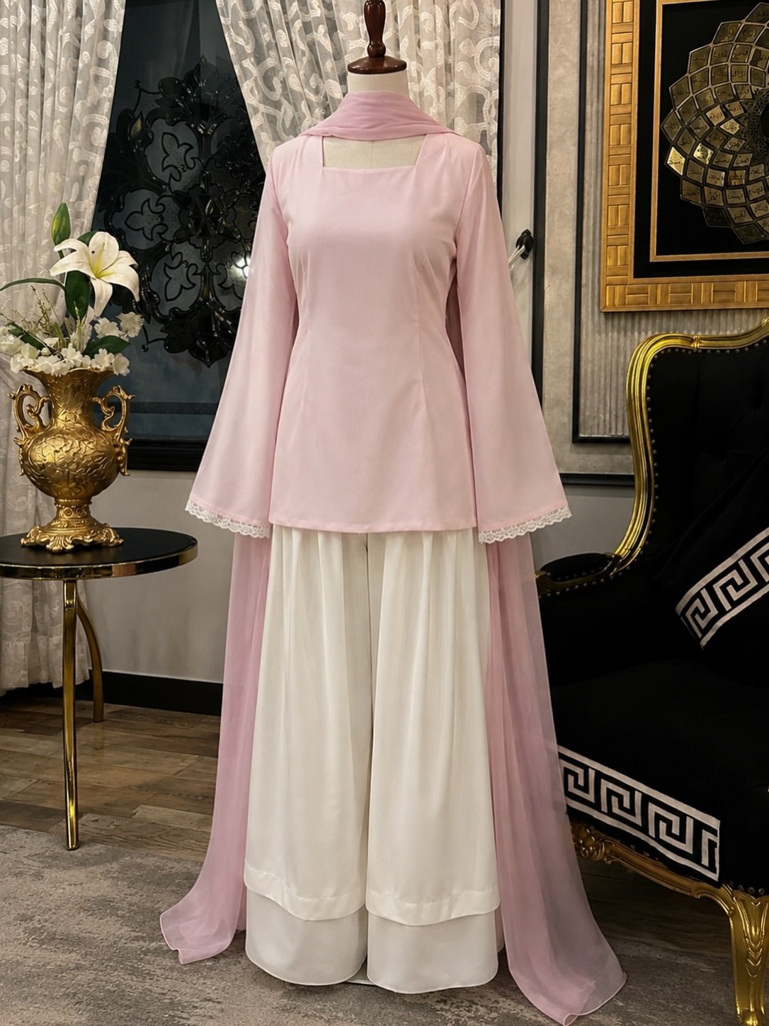 Blush Pink Tunic with Ivory Flared Skirt