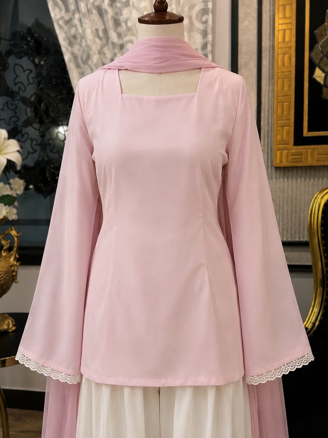 Blush Pink Tunic with Ivory Flared Skirt - Image 2